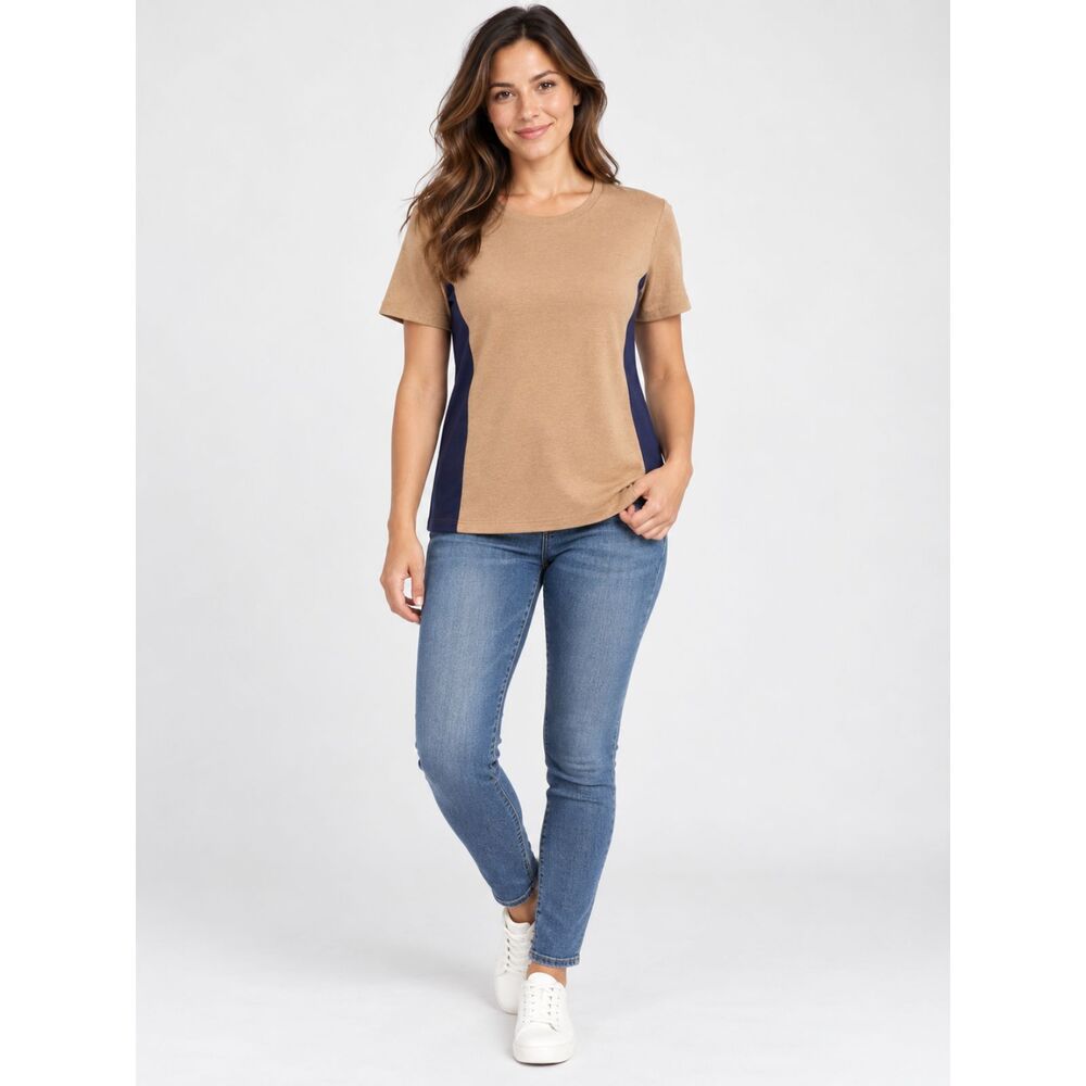 Theory Women’s Tan Navy Side Panel Short Sleeve Crewneck Tee Size S